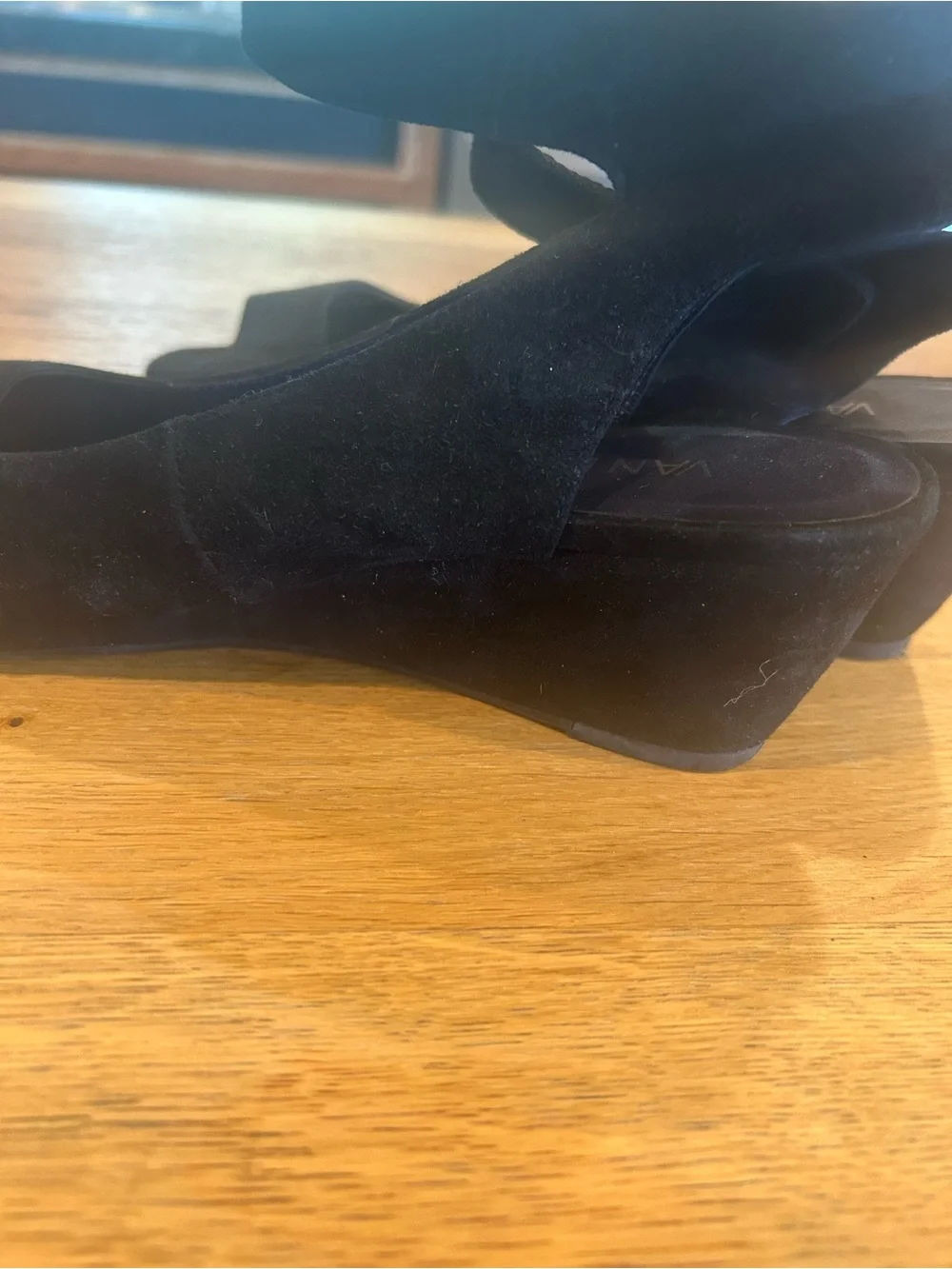 Vaneli Black Suede Peep-Toe Wedge Sandals with Ankle Strap